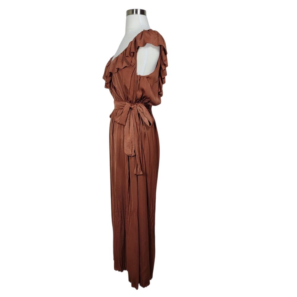 Zara Satin Ruffle Pleated Wrinkle Wide Leg Keyhole Boho Chic Jumpsuit Size Large - Picture 8 of 12